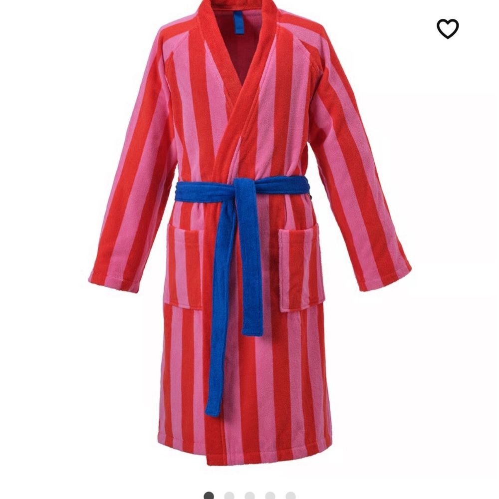 Red and Pink Striped terry cloth Bathrobe with Blue Belt. New - never worn